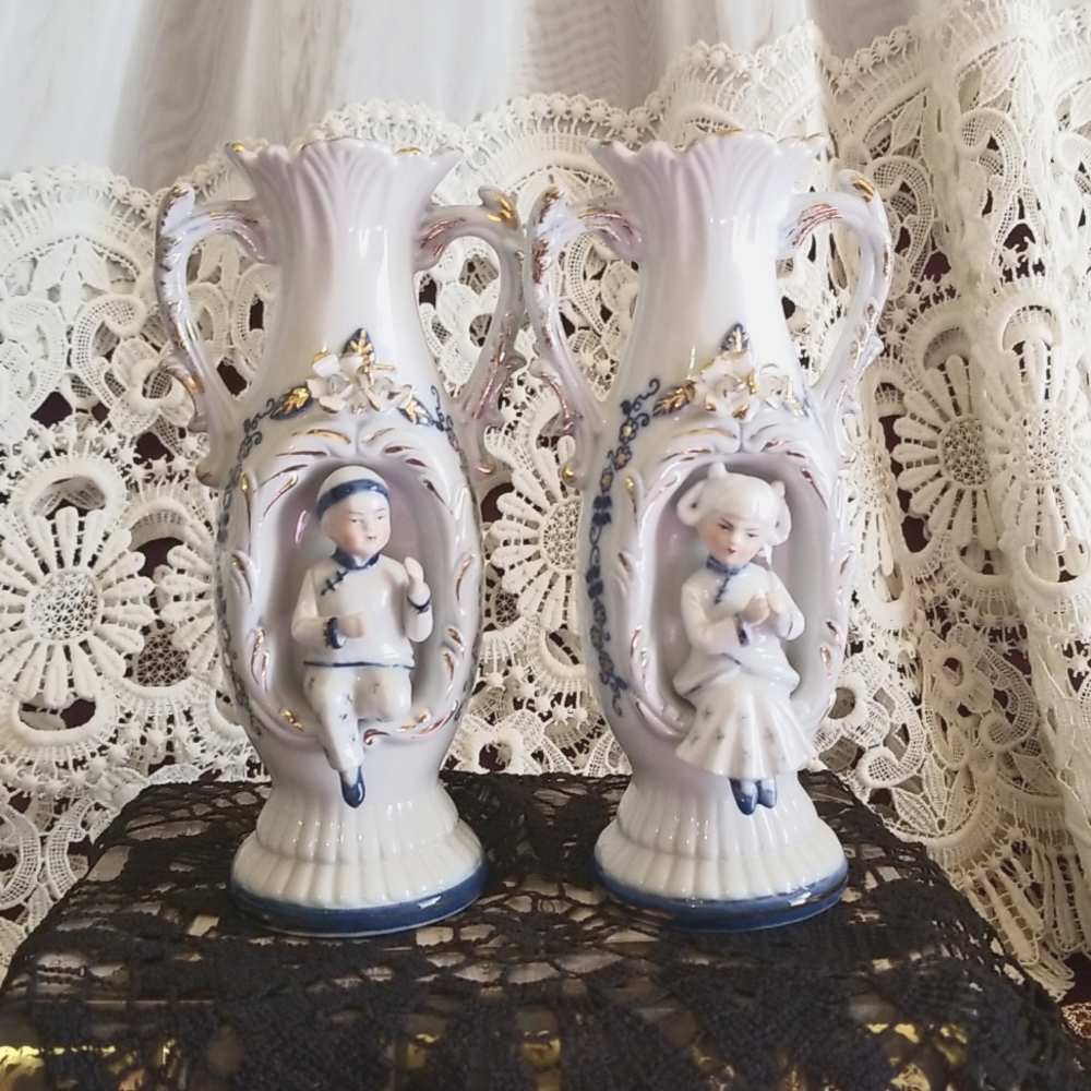 Set of 2 vases blue, white & gold vases with Boy and girl fine China. Decor